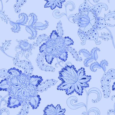 Suluboya desensiz, folky çiçekli ve yapraklı, etnik tarzda. Çiçek süsleme. Geleneksel şal deseni. Tekstil tasarım dokusu. Kabilesel etnik klasik dikişsiz model..