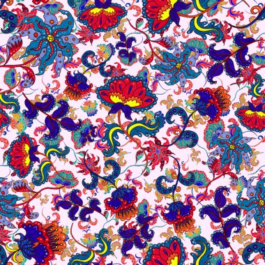 Suluboya desensiz, folky çiçekli ve yapraklı, etnik tarzda. Çiçek süsleme. Geleneksel şal deseni. Tekstil tasarım dokusu. Kabilesel etnik klasik dikişsiz model..