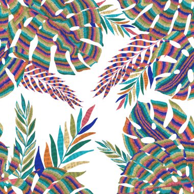 Yaratıcı renkli tropikal yaprakları olan modern, soyut, pürüzsüz desen. Geçmişe dönük parlak yaz geçmişi. Orman yaprakları çizimi. Mayo botanik tasarımı. Antika egzotik baskı.