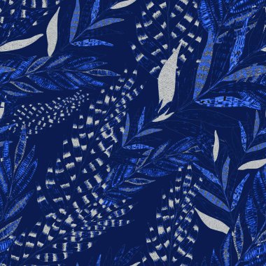 Yaratıcı renkli tropikal yaprakları olan modern, soyut, pürüzsüz desen. Geçmişe dönük parlak yaz geçmişi. Orman yaprakları çizimi. Mayo botanik tasarımı. Antika egzotik baskı.