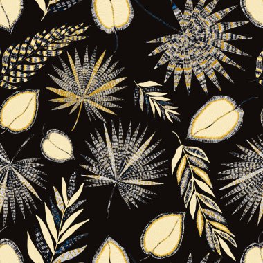 Yaratıcı renkli tropikal yaprakları olan modern, soyut, pürüzsüz desen. Geçmişe dönük parlak yaz geçmişi. Orman yaprakları çizimi. Mayo botanik tasarımı. Antika egzotik baskı.