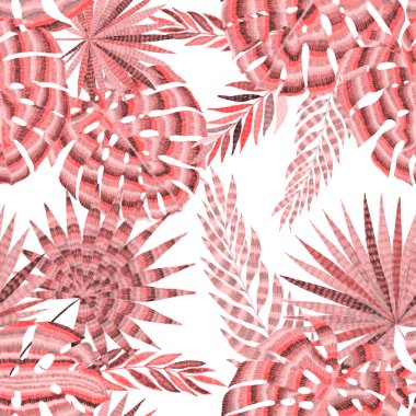 Yaratıcı renkli tropikal yaprakları olan modern, soyut, pürüzsüz desen. Geçmişe dönük parlak yaz geçmişi. Orman yaprakları çizimi. Mayo botanik tasarımı. Antika egzotik baskı.