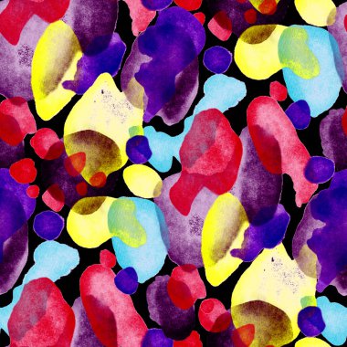 Suluboya, soyut, kusursuz desen. Parlak el yapımı elementlerle yaratıcı doku. Soyut renkli yazdırma.