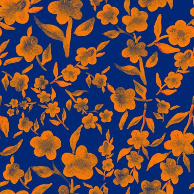 Bahar çiçekleriyle suluboya kusursuz desen. Klasik botanik çizimi. Her türlü tasarım için zarif bir dekorasyon. Renkli ve soyut çiçekli moda baskısı. Suluboya dokusu.