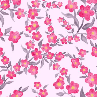Bahar çiçekleriyle suluboya kusursuz desen. Klasik botanik çizimi. Her türlü tasarım için zarif bir dekorasyon. Renkli ve soyut çiçekli moda baskısı. Suluboya dokusu.