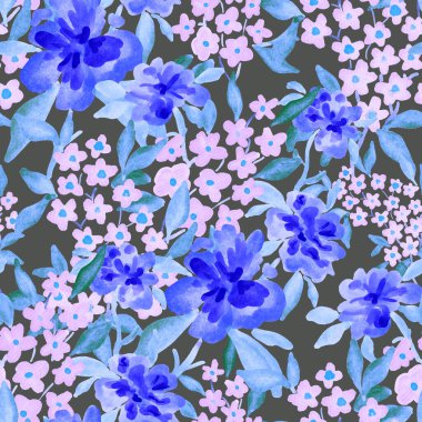 Bahar çiçekleriyle suluboya kusursuz desen. Klasik botanik çizimi. Her türlü tasarım için zarif bir dekorasyon. Renkli ve soyut çiçekli moda baskısı. Suluboya dokusu.