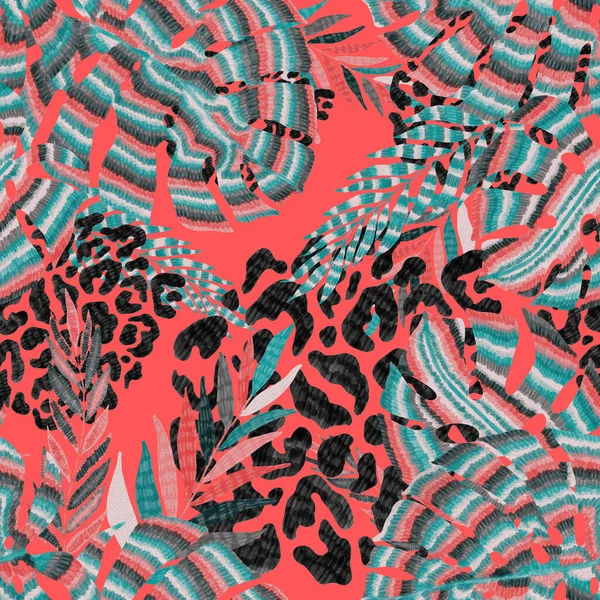 Padrão Abstrato Sem Costura Moderno Com Folhas Tropicais Coloridas Criativas — Fotografia de Stock