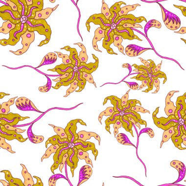 Suluboya desensiz, folky çiçekli ve yapraklı, etnik tarzda. Çiçek süsleme. Geleneksel şal deseni. Tekstil tasarım dokusu. Kabilesel etnik klasik dikişsiz model..