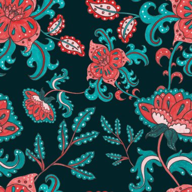 Suluboya desensiz, folky çiçekli ve yapraklı, etnik tarzda. Çiçek süsleme. Geleneksel şal deseni. Tekstil tasarım dokusu. Kabilesel etnik klasik dikişsiz model..