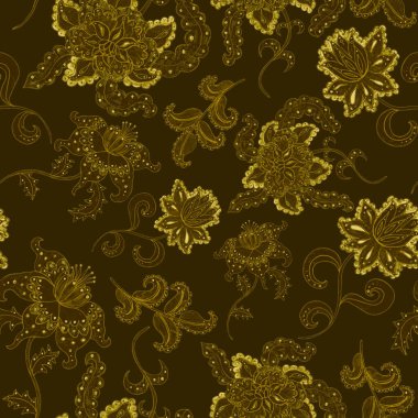 Suluboya desensiz, folky çiçekli ve yapraklı, etnik tarzda. Çiçek süsleme. Geleneksel şal deseni. Tekstil tasarım dokusu. Kabilesel etnik klasik dikişsiz model..