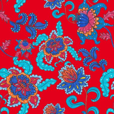 Suluboya desensiz, folky çiçekli ve yapraklı, etnik tarzda. Çiçek süsleme. Geleneksel şal deseni. Tekstil tasarım dokusu. Kabilesel etnik klasik dikişsiz model..