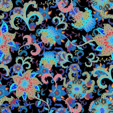 Suluboya desensiz, folky çiçekli ve yapraklı, etnik tarzda. Çiçek süsleme. Geleneksel şal deseni. Tekstil tasarım dokusu. Kabilesel etnik klasik dikişsiz model..