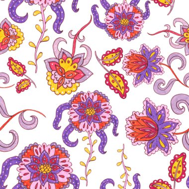 Suluboya desensiz, folky çiçekli ve yapraklı, etnik tarzda. Çiçek süsleme. Geleneksel şal deseni. Tekstil tasarım dokusu. Kabilesel etnik klasik dikişsiz model..