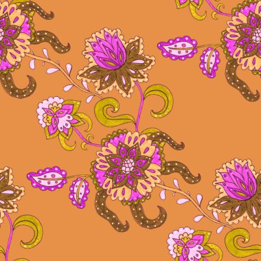 Suluboya desensiz, folky çiçekli ve yapraklı, etnik tarzda. Çiçek süsleme. Geleneksel şal deseni. Tekstil tasarım dokusu. Kabilesel etnik klasik dikişsiz model..