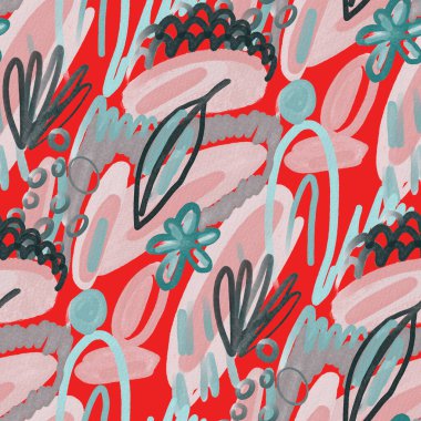 Suluboya, soyut, kusursuz desen. Parlak el yapımı elementlerle yaratıcı doku. Soyut renkli yazdırma.