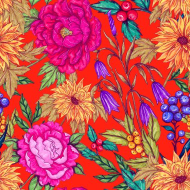 Çiçek buketli suluboya desenli. Klasik botanik çizimi. Her türlü tasarım için zarif bir dekorasyon. Renkli ve soyut çiçekli moda baskısı. Suluboya dokusu.