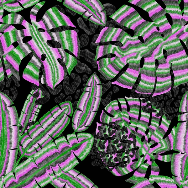 Nowoczesny Abstrakcyjny Wzór Kreatywnymi Kolorowymi Liśćmi Tropikalnymi Plamami Lamparta Retro — Zdjęcie stockowe