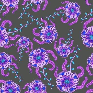 Suluboya desensiz, folky çiçekli ve yapraklı, etnik tarzda. Çiçek süsleme. Geleneksel şal deseni. Tekstil tasarım dokusu. Kabilesel etnik klasik dikişsiz model..