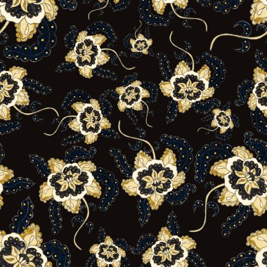 Suluboya desensiz, folky çiçekli ve yapraklı, etnik tarzda. Çiçek süsleme. Geleneksel şal deseni. Tekstil tasarım dokusu. Kabilesel etnik klasik dikişsiz model..