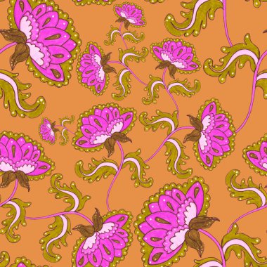 Suluboya desensiz, folky çiçekli ve yapraklı, etnik tarzda. Çiçek süsleme. Geleneksel şal deseni. Tekstil tasarım dokusu. Kabilesel etnik klasik dikişsiz model..