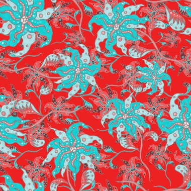 Suluboya desensiz, folky çiçekli ve yapraklı, etnik tarzda. Çiçek süsleme. Geleneksel şal deseni. Tekstil tasarım dokusu. Kabilesel etnik klasik dikişsiz model..