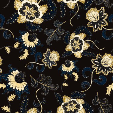 Suluboya desensiz, folky çiçekli ve yapraklı, etnik tarzda. Çiçek süsleme. Geleneksel şal deseni. Tekstil tasarım dokusu. Kabilesel etnik klasik dikişsiz model..