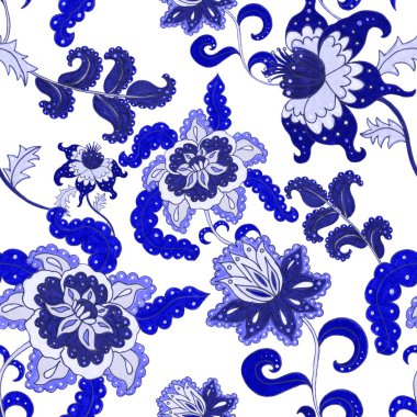 Suluboya desensiz, folky çiçekli ve yapraklı, etnik tarzda. Çiçek süsleme. Geleneksel şal deseni. Tekstil tasarım dokusu. Kabilesel etnik klasik dikişsiz model..