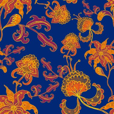 Suluboya desensiz, folky çiçekli ve yapraklı, etnik tarzda. Çiçek süsleme. Geleneksel şal deseni. Tekstil tasarım dokusu. Kabilesel etnik klasik dikişsiz model..