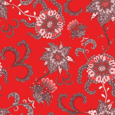 Suluboya desensiz, folky çiçekli ve yapraklı, etnik tarzda. Çiçek süsleme. Geleneksel şal deseni. Tekstil tasarım dokusu. Kabilesel etnik klasik dikişsiz model..