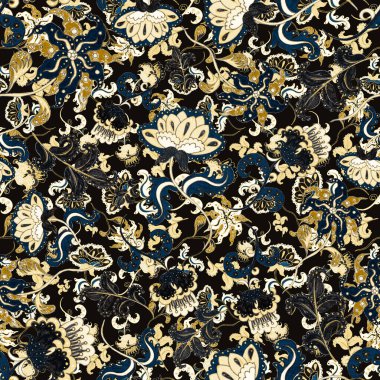 Suluboya desensiz, folky çiçekli ve yapraklı, etnik tarzda. Çiçek süsleme. Geleneksel şal deseni. Tekstil tasarım dokusu. Kabilesel etnik klasik dikişsiz model..