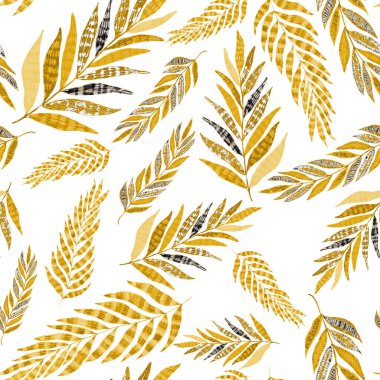 Yaratıcı renkli tropikal yaprakları olan modern, soyut, pürüzsüz desen. Geçmişe dönük parlak yaz geçmişi. Orman yaprakları çizimi. Mayo botanik tasarımı. Antika egzotik baskı.