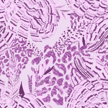 Yaratıcı renkli tropikal yaprakları ve leopar benekleri olan modern soyut ve pürüzsüz desen. Geçmişe dönük parlak yaz geçmişi. Orman yaprakları çizimi. Mayo botanik tasarımı. Antika egzotik baskı.