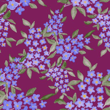 Bahar çiçekleriyle suluboya kusursuz desen. Klasik botanik çizimi. Her türlü tasarım için zarif bir dekorasyon. Renkli ve soyut çiçekli moda baskısı. Suluboya dokusu.