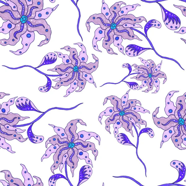 Watercolor Seamless Pattern Folky Flowers Leaves Ethnic Style Floral Decoration — Stock Photo, Image
