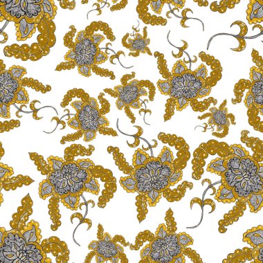 Suluboya desensiz, folky çiçekli ve yapraklı, etnik tarzda. Çiçek süsleme. Geleneksel şal deseni. Tekstil tasarım dokusu. Kabilesel etnik klasik dikişsiz model..