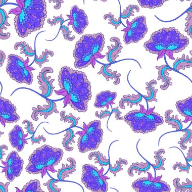 Suluboya desensiz, folky çiçekli ve yapraklı, etnik tarzda. Çiçek süsleme. Geleneksel şal deseni. Tekstil tasarım dokusu. Kabilesel etnik klasik dikişsiz model..