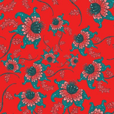 Suluboya desensiz, folky çiçekli ve yapraklı, etnik tarzda. Çiçek süsleme. Geleneksel şal deseni. Tekstil tasarım dokusu. Kabilesel etnik klasik dikişsiz model..