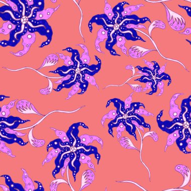 Suluboya desensiz, folky çiçekli ve yapraklı, etnik tarzda. Çiçek süsleme. Geleneksel şal deseni. Tekstil tasarım dokusu. Kabilesel etnik klasik dikişsiz model..