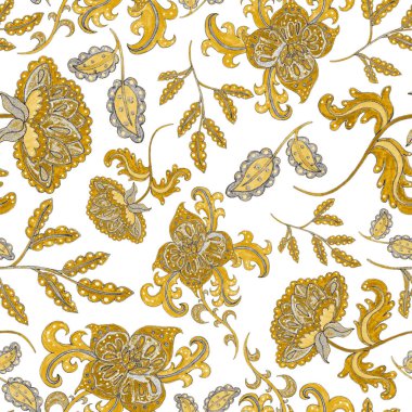 Suluboya desensiz, folky çiçekli ve yapraklı, etnik tarzda. Çiçek süsleme. Geleneksel şal deseni. Tekstil tasarım dokusu. Kabilesel etnik klasik dikişsiz model..