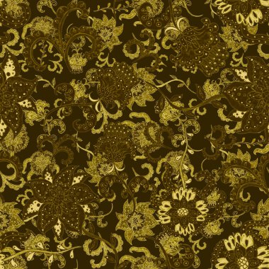 Suluboya desensiz, folky çiçekli ve yapraklı, etnik tarzda. Çiçek süsleme. Geleneksel şal deseni. Tekstil tasarım dokusu. Kabilesel etnik klasik dikişsiz model..