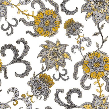 Suluboya desensiz, folky çiçekli ve yapraklı, etnik tarzda. Çiçek süsleme. Geleneksel şal deseni. Tekstil tasarım dokusu. Kabilesel etnik klasik dikişsiz model..