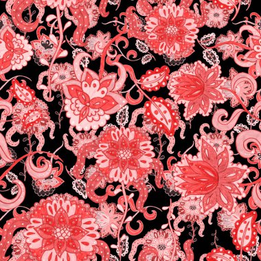 Suluboya desensiz, folky çiçekli ve yapraklı, etnik tarzda. Çiçek süsleme. Geleneksel şal deseni. Tekstil tasarım dokusu. Kabilesel etnik klasik dikişsiz model..