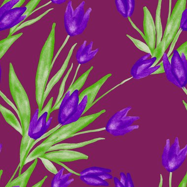 Bahar çiçekleriyle suluboya kusursuz desen. Klasik botanik çizimi. Her türlü tasarım için zarif bir dekorasyon. Renkli ve soyut çiçekli moda baskısı. Suluboya dokusu.