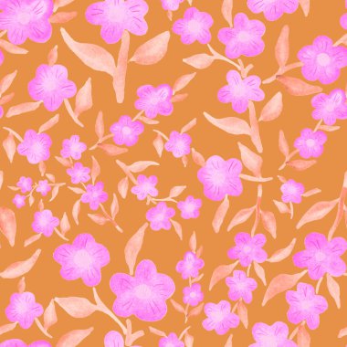 Bahar çiçekleriyle suluboya kusursuz desen. Klasik botanik çizimi. Her türlü tasarım için zarif bir dekorasyon. Renkli ve soyut çiçekli moda baskısı. Suluboya dokusu.