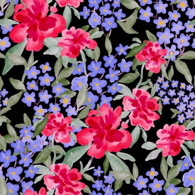 Bahar çiçekleriyle suluboya kusursuz desen. Klasik botanik çizimi. Her türlü tasarım için zarif bir dekorasyon. Renkli ve soyut çiçekli moda baskısı. Suluboya dokusu.