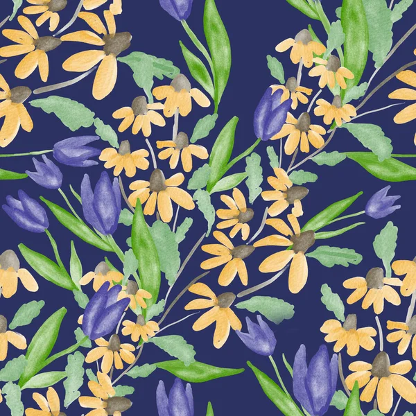 Akvarel Bezešvný Vzor Jarní Květinové Kytice Ročník Botanické Ilustrace Elegantní — Stock fotografie