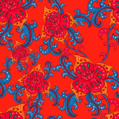 Suluboya desensiz, folky çiçekli ve yapraklı, etnik tarzda. Çiçek süsleme. Geleneksel şal deseni. Tekstil tasarım dokusu. Kabilesel etnik klasik dikişsiz model..