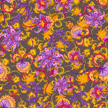 Suluboya desensiz, folky çiçekli ve yapraklı, etnik tarzda. Çiçek süsleme. Geleneksel şal deseni. Tekstil tasarım dokusu. Kabilesel etnik klasik dikişsiz model..
