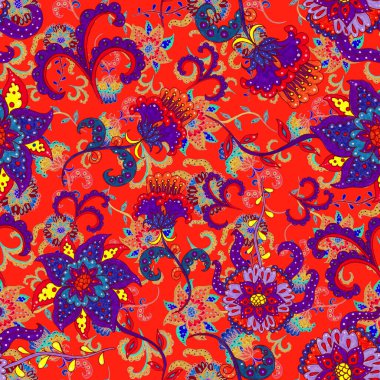 Suluboya desensiz, folky çiçekli ve yapraklı, etnik tarzda. Çiçek süsleme. Geleneksel şal deseni. Tekstil tasarım dokusu. Kabilesel etnik klasik dikişsiz model..