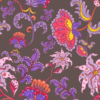 Suluboya desensiz, folky çiçekli ve yapraklı, etnik tarzda. Çiçek süsleme. Geleneksel şal deseni. Tekstil tasarım dokusu. Kabilesel etnik klasik dikişsiz model..